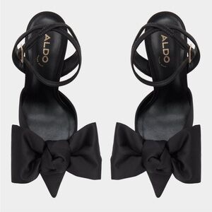 Aldo Black Satin Bow Pointed-Toe Ankle-Strap Heels